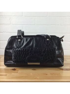 Classic Black Vegan Leather Shoulder Tote Satchel CrocAccent Large WorkBag Purse